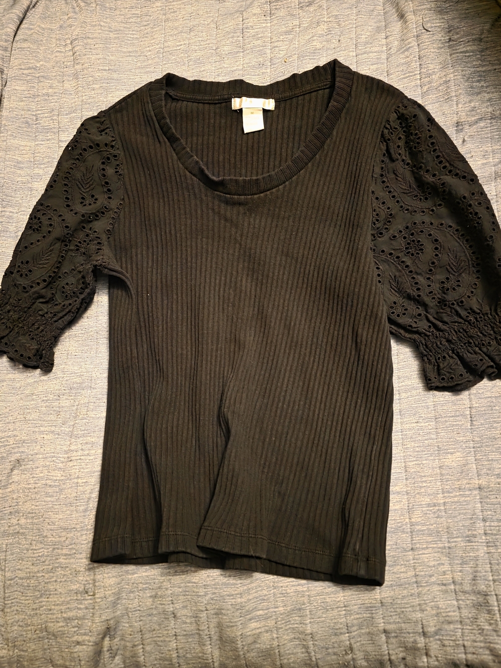 Design History Black Ribbed Top with Eyelet Puff Sleeves